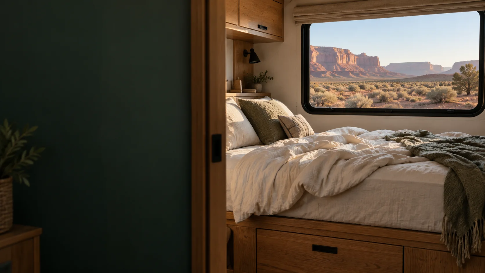 Illustrated travel-trailer bedroom with a linen-covered bed and desert scenery outside